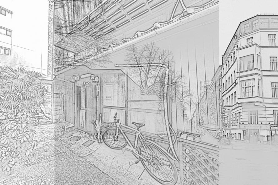 Skizze: Eine Gasse in Kyoto / Eine Straße in Berlin